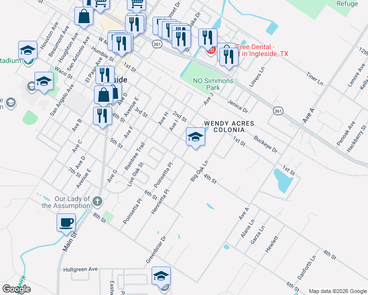 map of restaurants, bars, coffee shops, grocery stores, and more near 2701 Avenue J in Ingleside