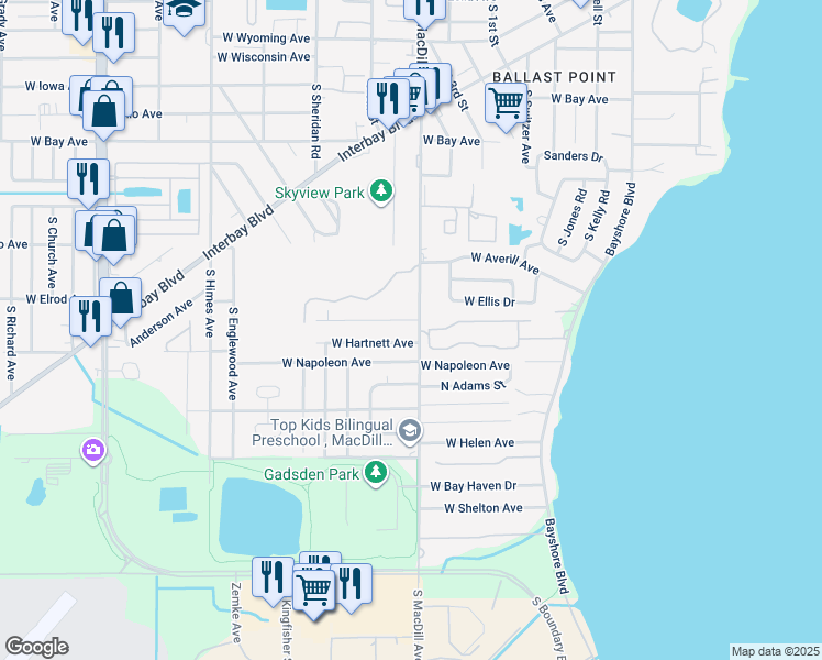 map of restaurants, bars, coffee shops, grocery stores, and more near 6526 South MacDill Avenue in Tampa