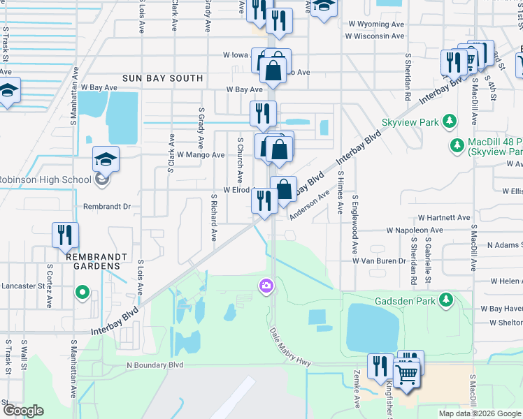 map of restaurants, bars, coffee shops, grocery stores, and more near 6910 Interbay Boulevard in Tampa