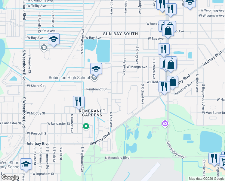 map of restaurants, bars, coffee shops, grocery stores, and more near 4228 South Monet Court in Tampa