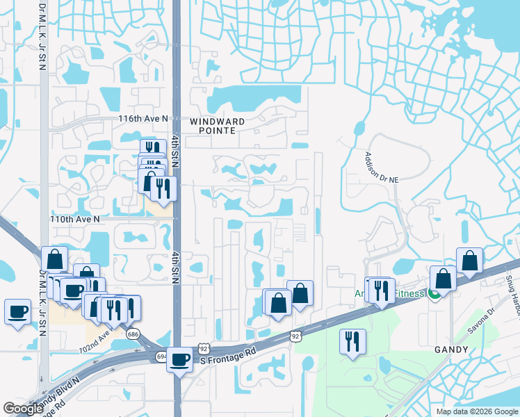 map of restaurants, bars, coffee shops, grocery stores, and more near 190 112th Avenue North in St. Petersburg