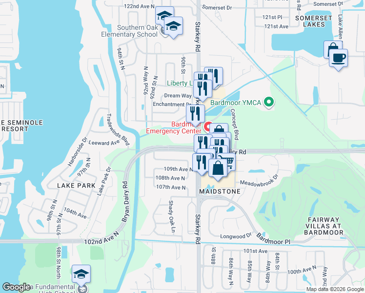 map of restaurants, bars, coffee shops, grocery stores, and more near 9035 Bryan Dairy Road in Seminole