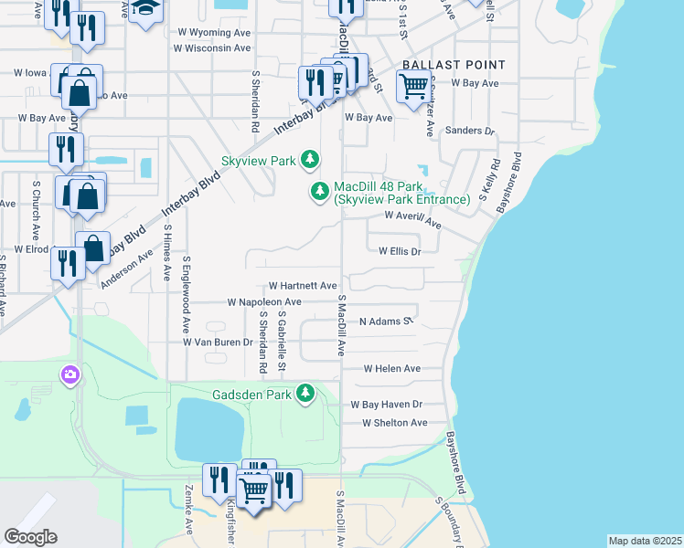 map of restaurants, bars, coffee shops, grocery stores, and more near South MacDill Avenue in Tampa