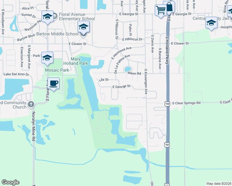 map of restaurants, bars, coffee shops, grocery stores, and more near 2240 East Helen Circle in Bartow