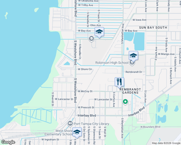map of restaurants, bars, coffee shops, grocery stores, and more near 6529 West Shore Circle in Tampa
