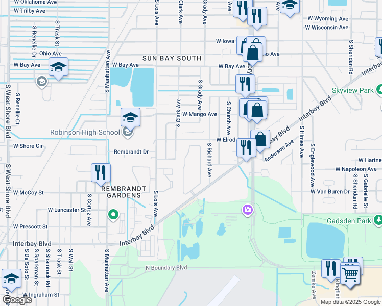 map of restaurants, bars, coffee shops, grocery stores, and more near 7001 Interbay Boulevard in Tampa