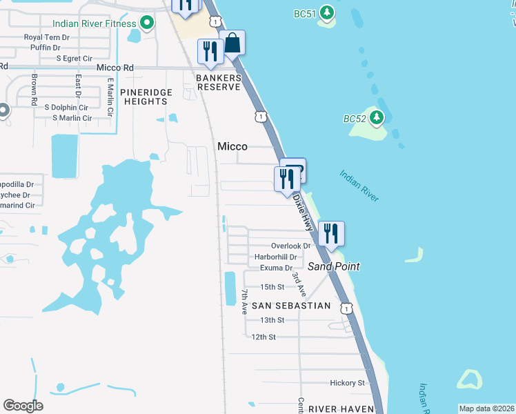 map of restaurants, bars, coffee shops, grocery stores, and more near 5801 River Grove Drive in Micco