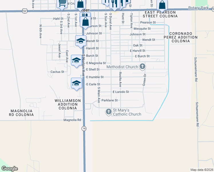 map of restaurants, bars, coffee shops, grocery stores, and more near 315 East Carle Street in Freer