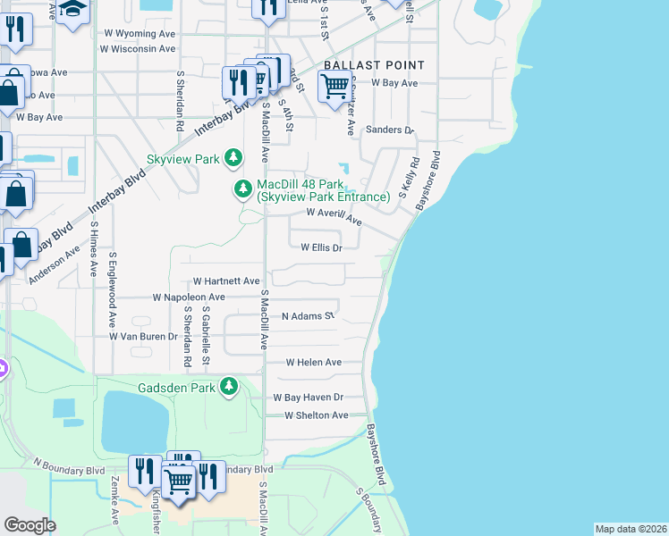 map of restaurants, bars, coffee shops, grocery stores, and more near 2926 Bayshore Pointe Drive in Tampa