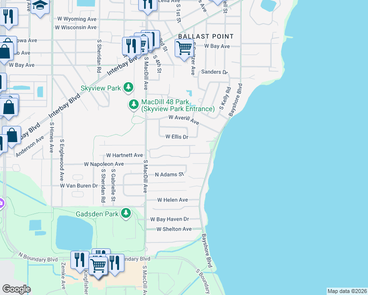 map of restaurants, bars, coffee shops, grocery stores, and more near 2926 Bayshore Pointe Drive in Tampa