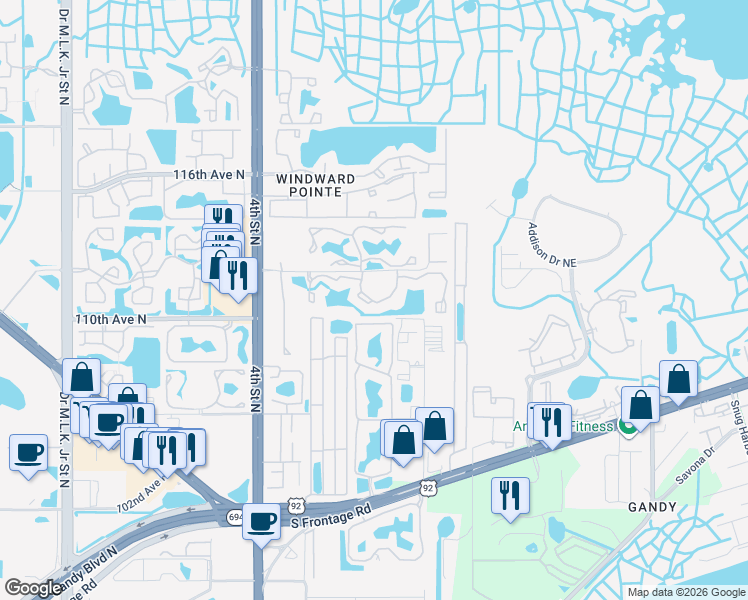 map of restaurants, bars, coffee shops, grocery stores, and more near 190 112th Avenue North in St. Petersburg