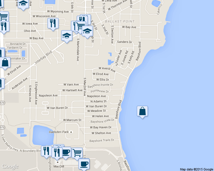 map of restaurants, bars, coffee shops, grocery stores, and more near 2935 Bayshore Pointe Drive in Tampa