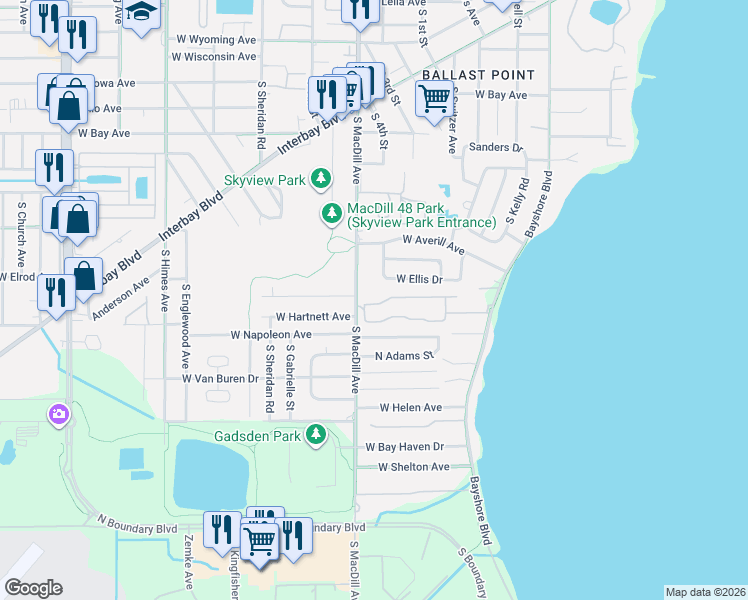 map of restaurants, bars, coffee shops, grocery stores, and more near 6526 South MacDill Avenue in Tampa