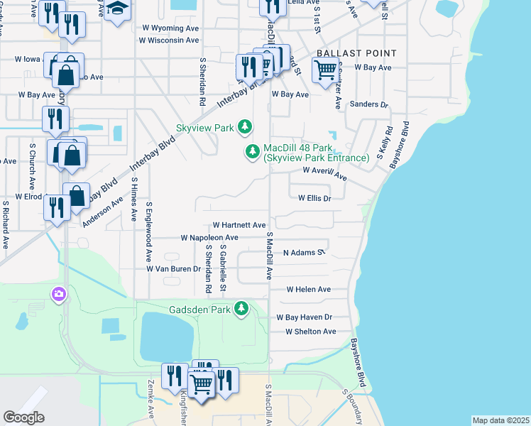 map of restaurants, bars, coffee shops, grocery stores, and more near 6526 South MacDill Avenue in Tampa