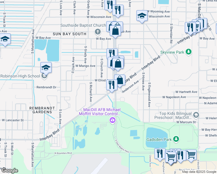map of restaurants, bars, coffee shops, grocery stores, and more near 6910 Interbay Boulevard in Tampa