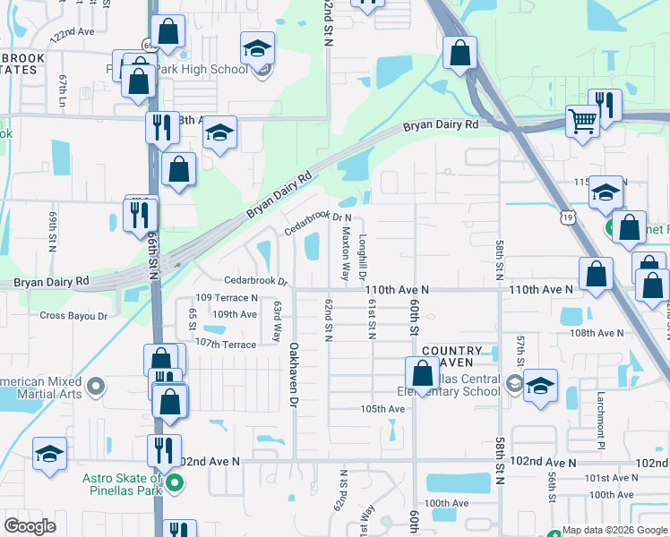 map of restaurants, bars, coffee shops, grocery stores, and more near 11107 62nd Street North in Pinellas Park