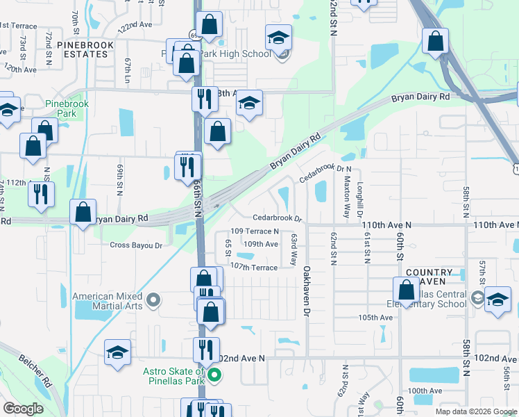 map of restaurants, bars, coffee shops, grocery stores, and more near 6407 Oakwood Court in Pinellas Park