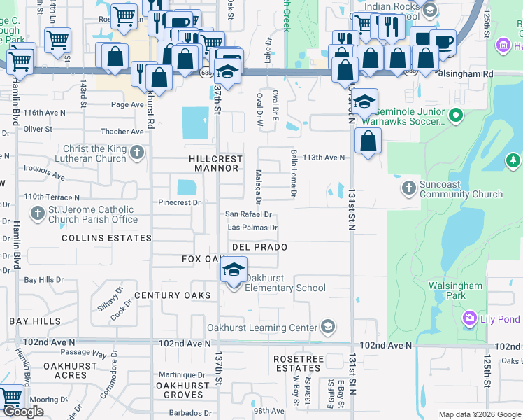 map of restaurants, bars, coffee shops, grocery stores, and more near 13495 San Rafael Drive in Largo