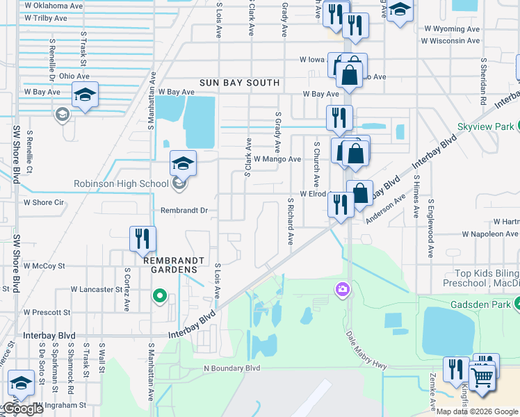 map of restaurants, bars, coffee shops, grocery stores, and more near 7001 Interbay Boulevard in Tampa