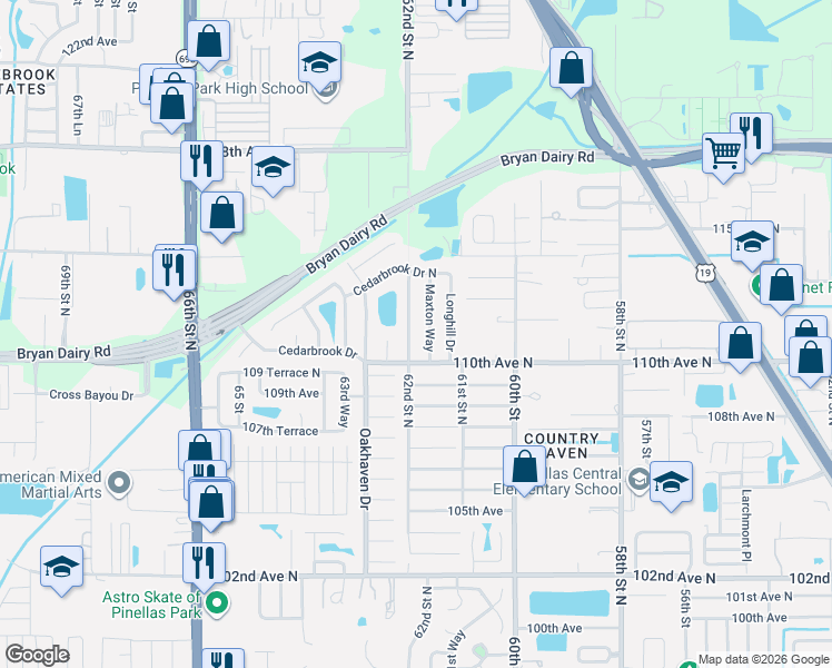 map of restaurants, bars, coffee shops, grocery stores, and more near 11107 62nd Street North in Pinellas Park