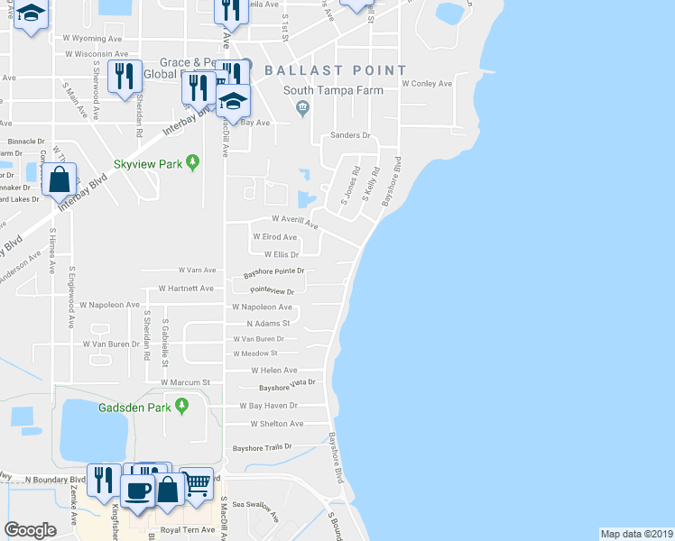 map of restaurants, bars, coffee shops, grocery stores, and more near 6305 Bayshore Boulevard in Tampa