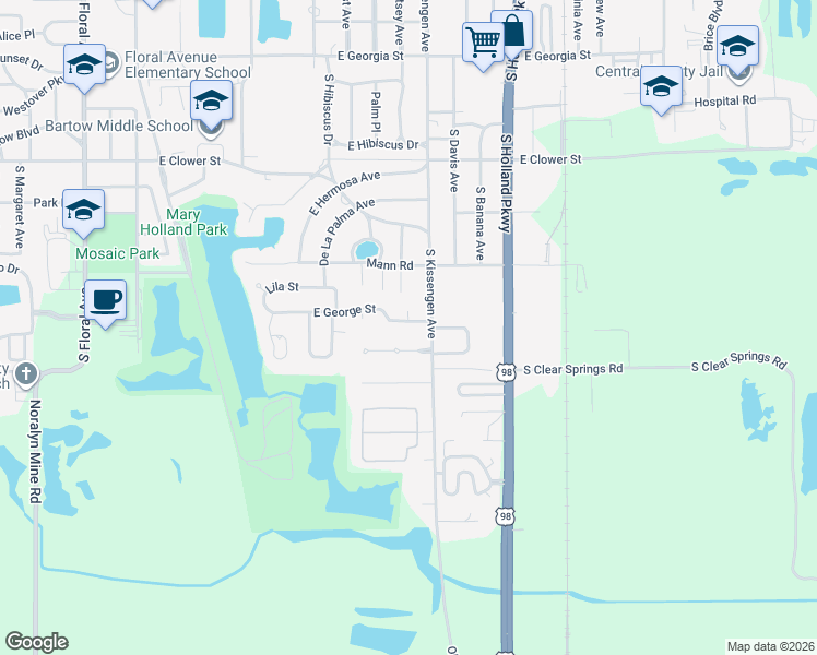 map of restaurants, bars, coffee shops, grocery stores, and more near 1165 East George Street in Bartow