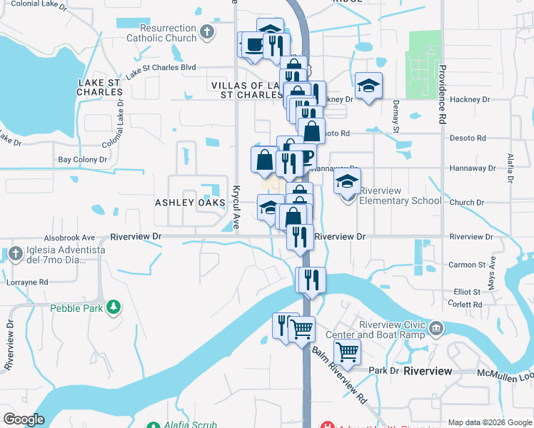 map of restaurants, bars, coffee shops, grocery stores, and more near 7806 Colonial Club Court in Riverview
