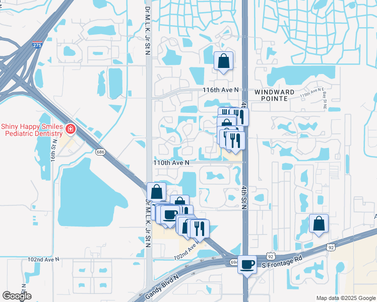 map of restaurants, bars, coffee shops, grocery stores, and more near 11401 Doctor Martin Luther King Junior Street North in St. Petersburg