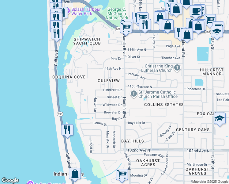 map of restaurants, bars, coffee shops, grocery stores, and more near 14702 Pinecrest Drive in Largo