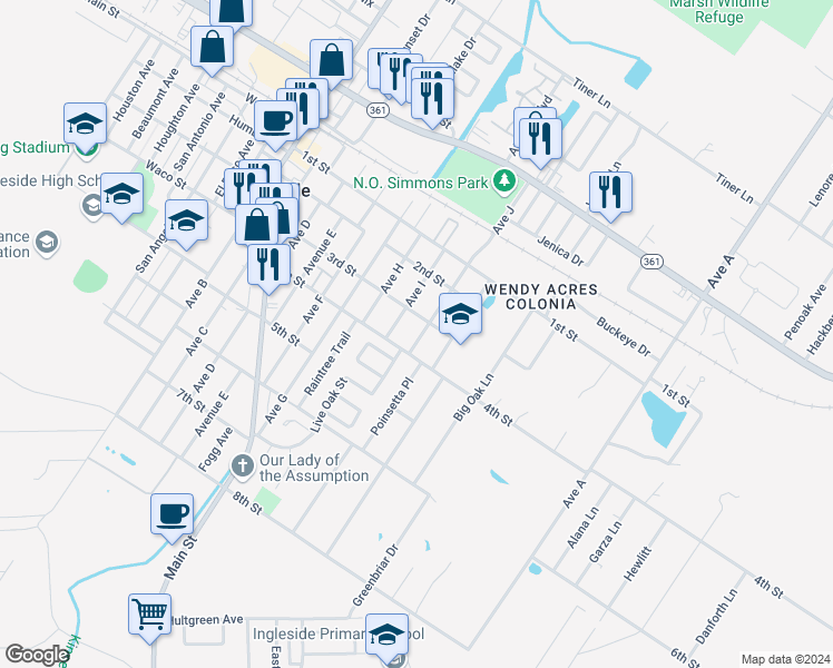 map of restaurants, bars, coffee shops, grocery stores, and more near 2701 Avenue J in Ingleside