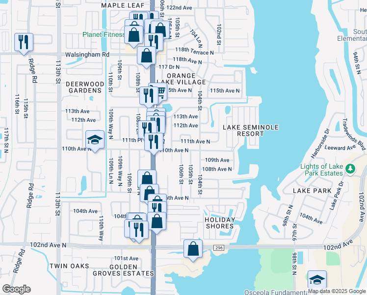 map of restaurants, bars, coffee shops, grocery stores, and more near 10571 110th Avenue North in Largo