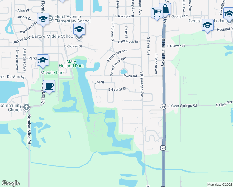 map of restaurants, bars, coffee shops, grocery stores, and more near 2240 East Helen Circle in Bartow