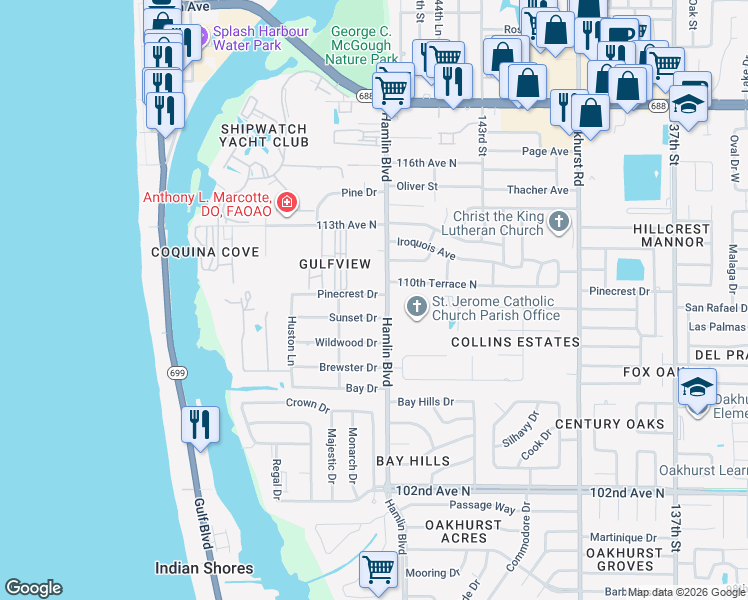 map of restaurants, bars, coffee shops, grocery stores, and more near 14602 Pinecrest Drive in Largo