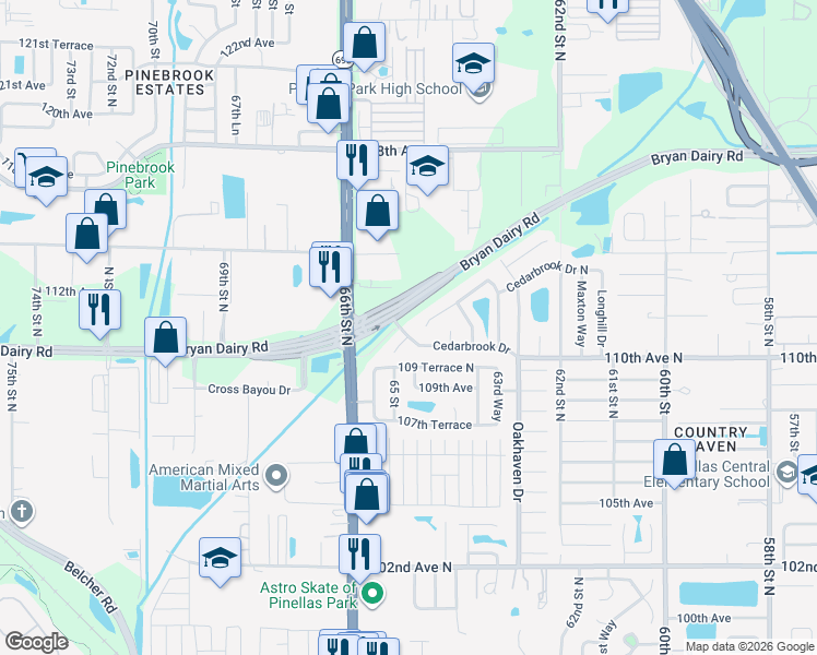 map of restaurants, bars, coffee shops, grocery stores, and more near 6521 Cedarbrook Drive in Pinellas Park