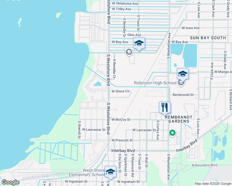 map of restaurants, bars, coffee shops, grocery stores, and more near 6513 West Shore Circle in Tampa