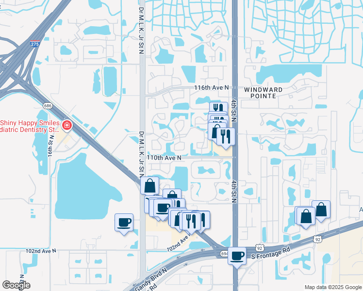 map of restaurants, bars, coffee shops, grocery stores, and more near 38 112th Avenue in St. Petersburg