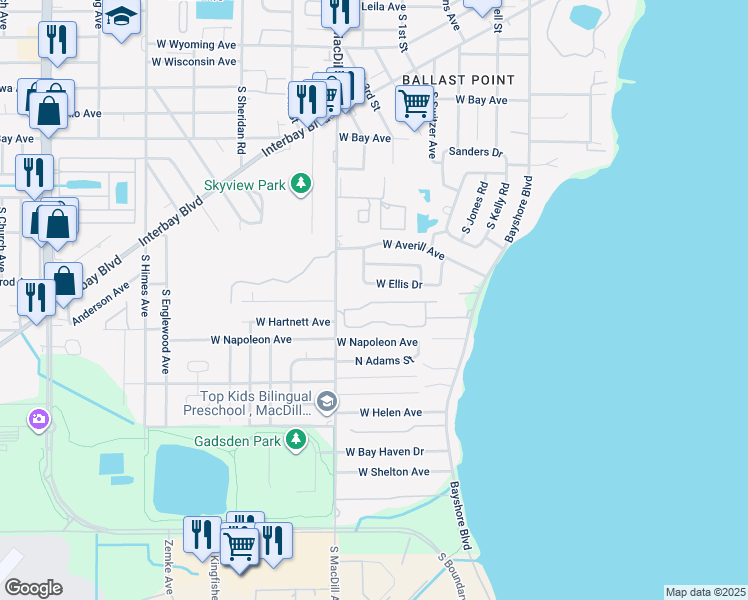map of restaurants, bars, coffee shops, grocery stores, and more near 2983 Bayshore Pointe Drive in Tampa