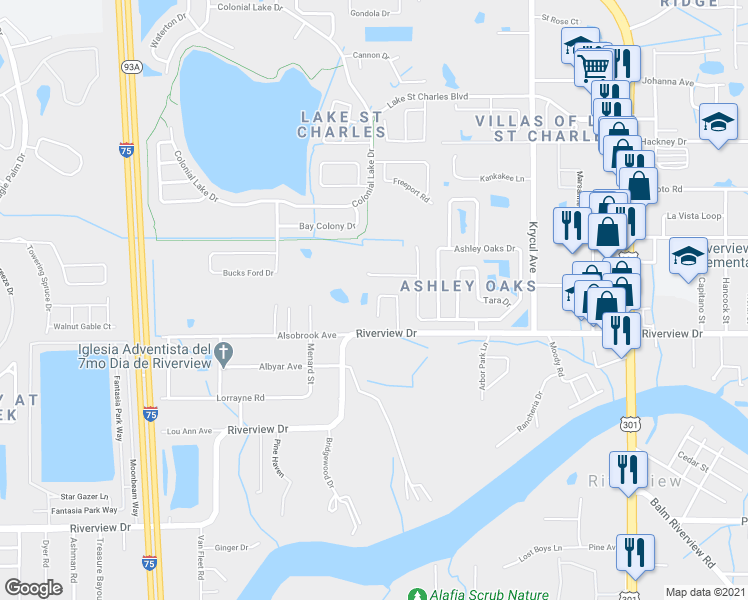 map of restaurants, bars, coffee shops, grocery stores, and more near 7812 Riverwood Oaks Drive in Riverview