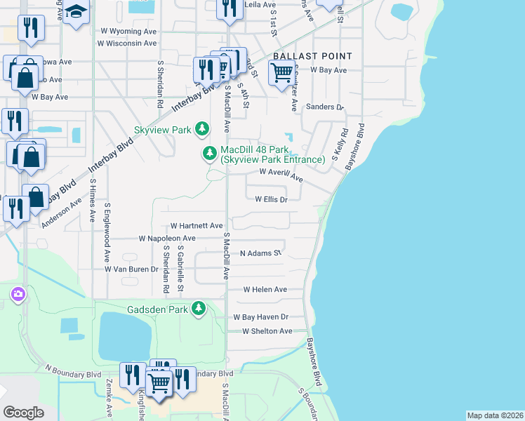 map of restaurants, bars, coffee shops, grocery stores, and more near 2965 Bayshore Pointe Drive in Tampa