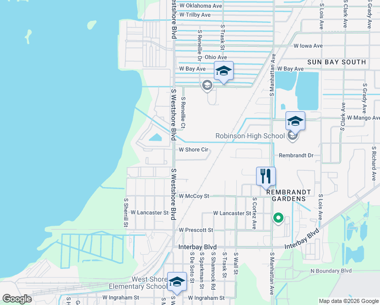 map of restaurants, bars, coffee shops, grocery stores, and more near 6513 West Shore Circle in Tampa