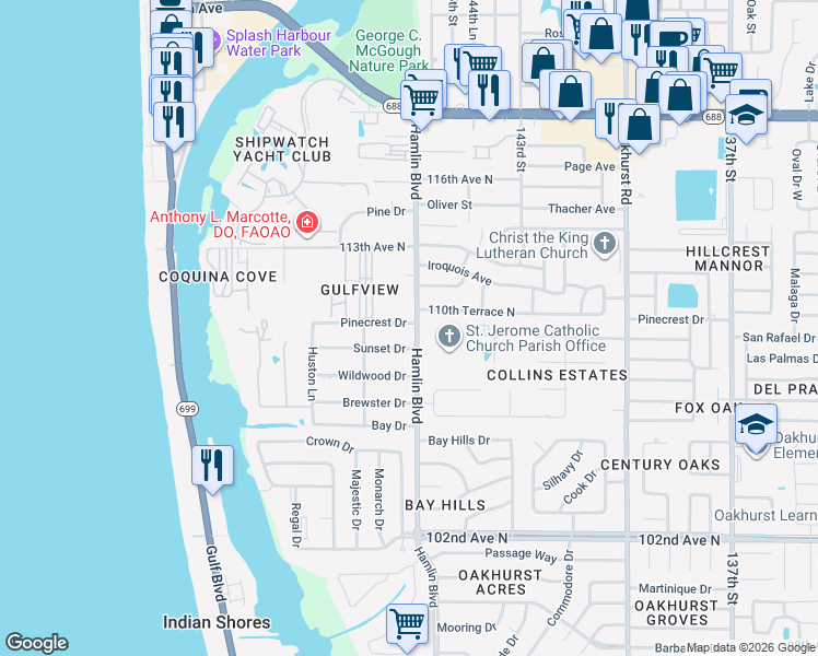 map of restaurants, bars, coffee shops, grocery stores, and more near 14602 Pinecrest Drive in Largo