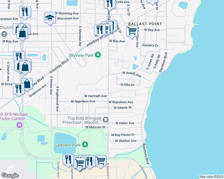 map of restaurants, bars, coffee shops, grocery stores, and more near 6526 South MacDill Avenue in Tampa