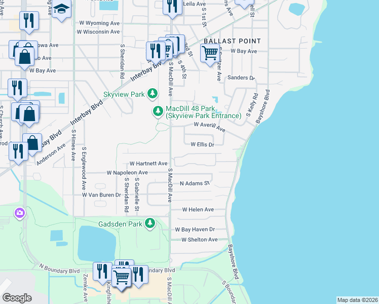map of restaurants, bars, coffee shops, grocery stores, and more near 2983 Bayshore Pointe Drive in Tampa