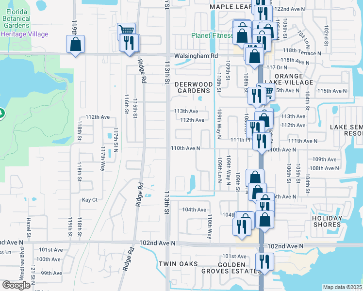 map of restaurants, bars, coffee shops, grocery stores, and more near 11211 110th Avenue North in Largo