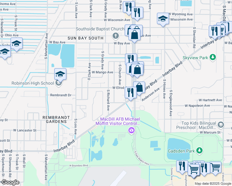 map of restaurants, bars, coffee shops, grocery stores, and more near 6410 South Adelia Avenue in Tampa