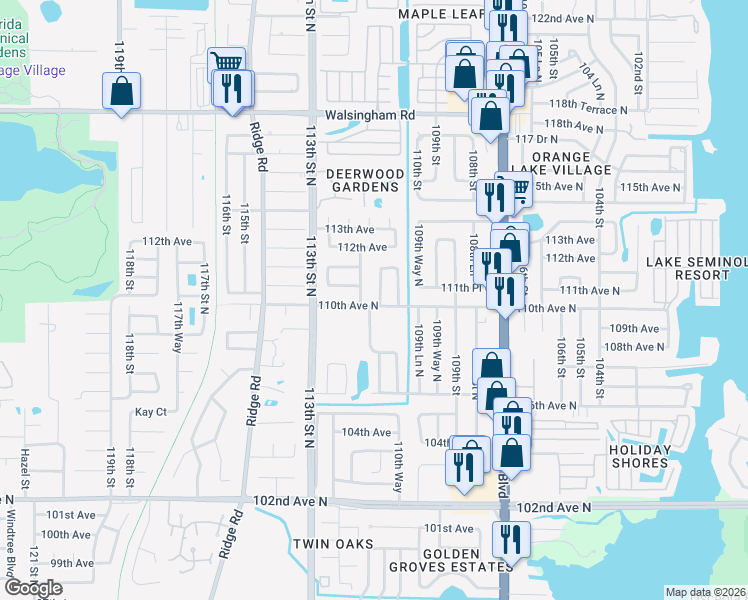 map of restaurants, bars, coffee shops, grocery stores, and more near 11002 111th Street North in Largo