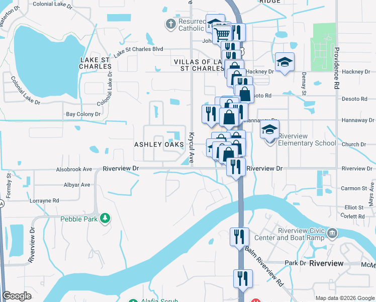 map of restaurants, bars, coffee shops, grocery stores, and more near 10402 Ashley Oaks Drive in Riverview