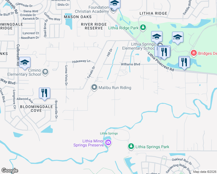 map of restaurants, bars, coffee shops, grocery stores, and more near 158 Hill Drive in Valrico