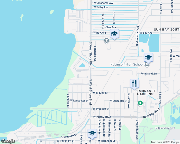 map of restaurants, bars, coffee shops, grocery stores, and more near 6501 South Westshore Boulevard in Tampa