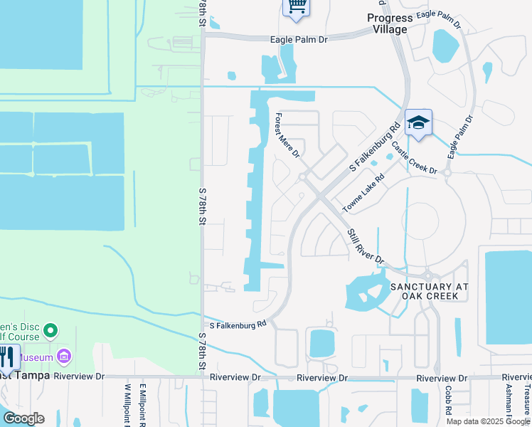 map of restaurants, bars, coffee shops, grocery stores, and more near 7219 Blue Beech Drive in Riverview